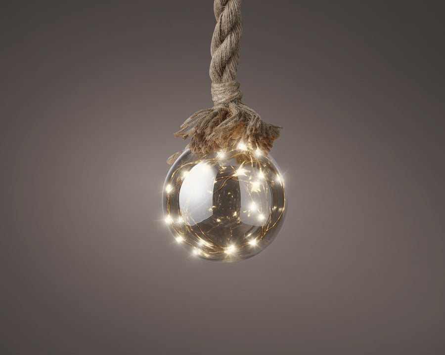 Battery-operated micro LED smoky glass ball light in classic warm white, 14cm, alternate view