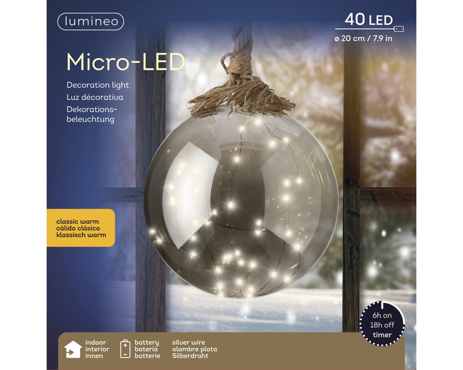 Micro Led Ball Steady Bo Indoor Smokey/Classic Warm Dia20Cm - Christmas Lights - Windyridge Garden Centre