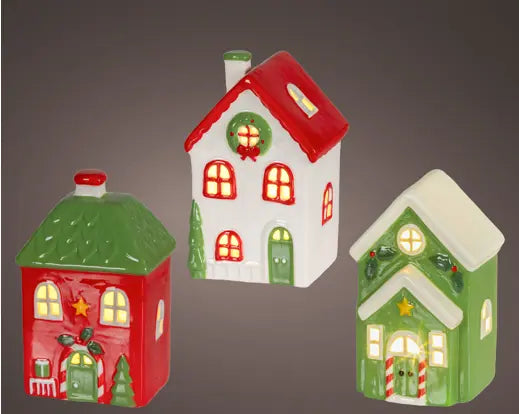Micro LED house porcelain steady battery-operated indoor  assorted L.9cm x W.7.5cm x H.14.5cm
