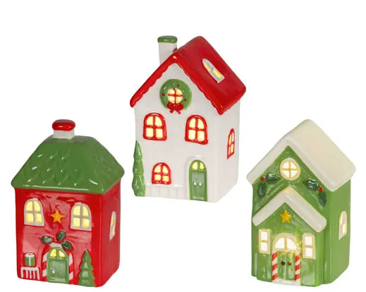 Micro LED house porcelain steady battery-operated indoor  assorted L.9cm x W.7.5cm x H.14.5cm