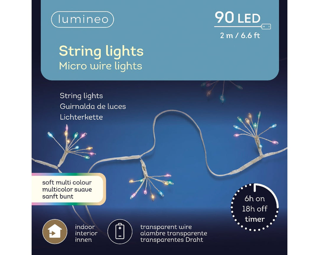 Battery-operated micro LED string lights, silver wire, soft multi-colour, 2m