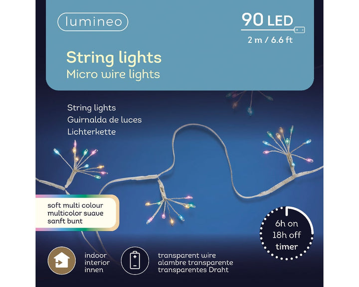 Battery-operated micro LED string lights, silver wire, soft multi-colour, 2m