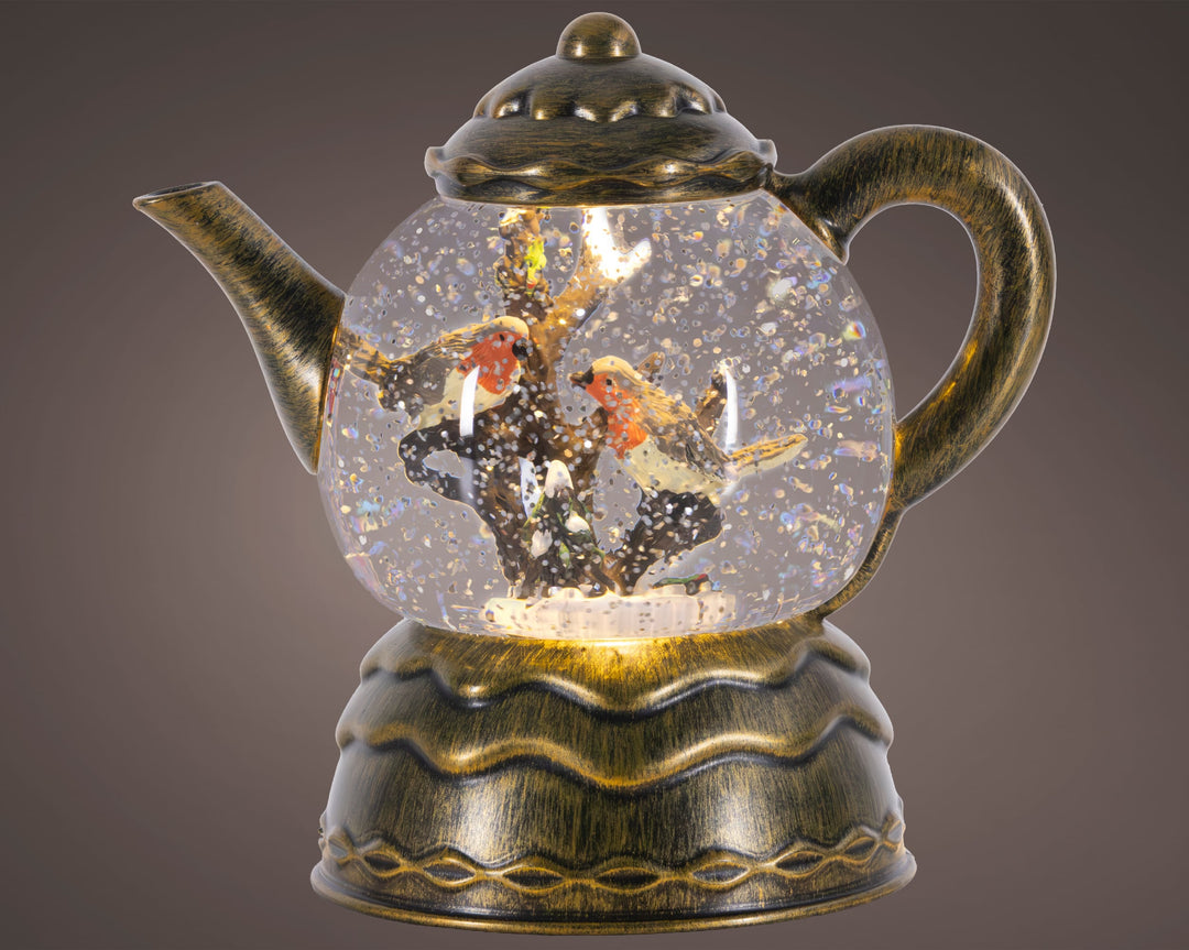 Gold battery-operated LED teapot with water-spinner motion and warm white light, alternate view