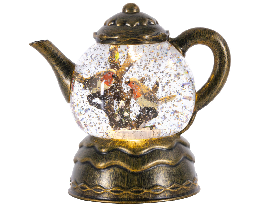 Gold battery-operated LED teapot with water-spinner motion and warm white light, alternate view