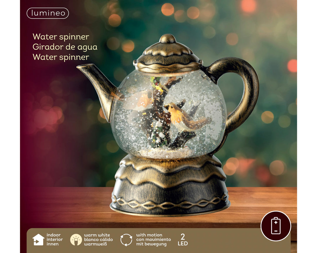 Gold battery-operated LED teapot with water-spinner motion and warm white light