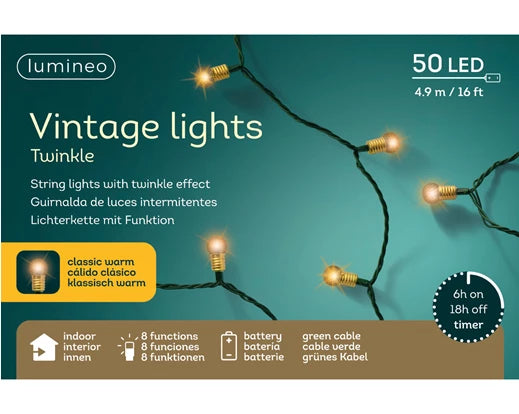 Led Vintage Lights 8 Function Twinkle Effect Bo Indoor Green/Classic Warm L.490Cm - Christmas Lights - Windyridge Garden Centre