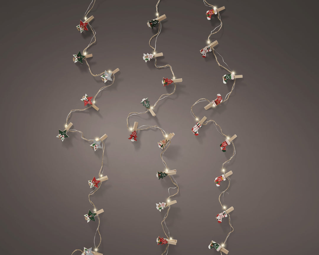Battery-operated wooden micro LED decorative string lights in assorted shapes, warm white, 2.1m