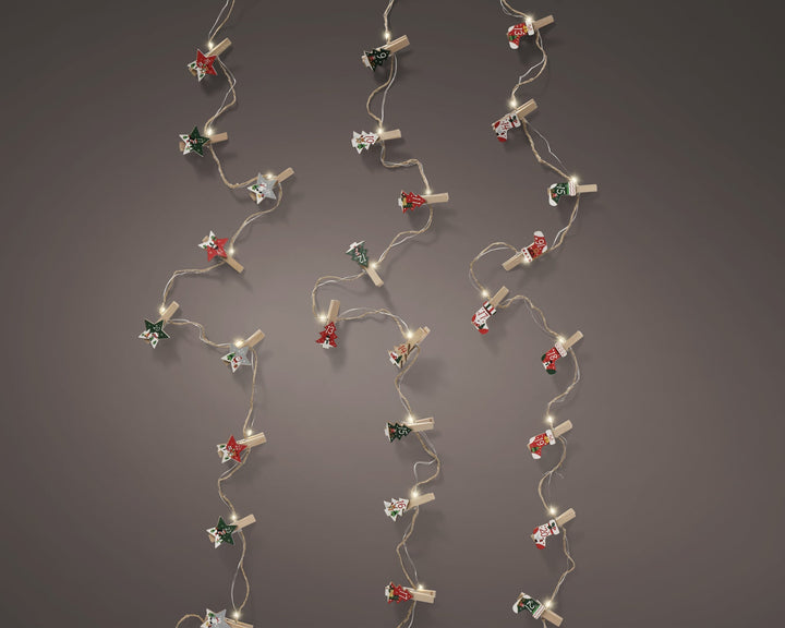 Battery-operated wooden micro LED decorative string lights in assorted shapes, warm white, 2.1m