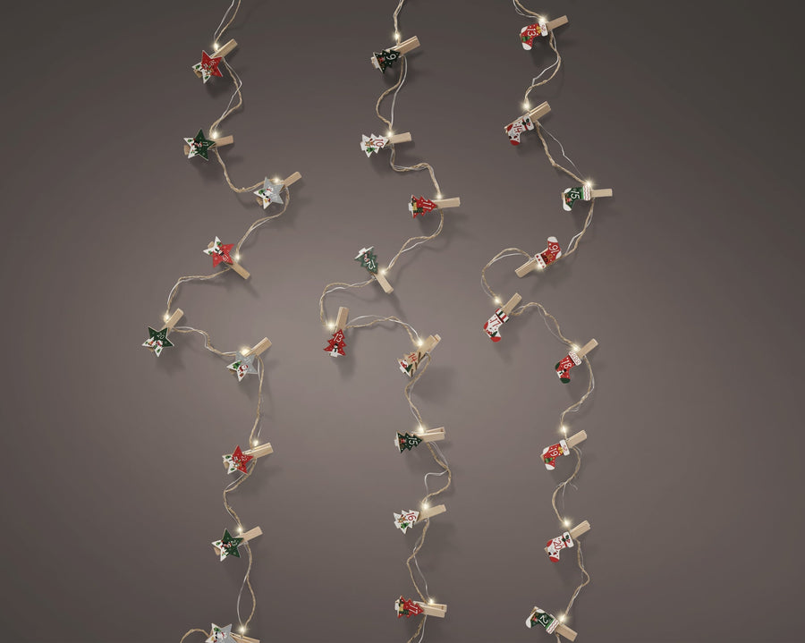 Battery-operated wooden micro LED decorative string lights in assorted shapes, warm white, 2.1m