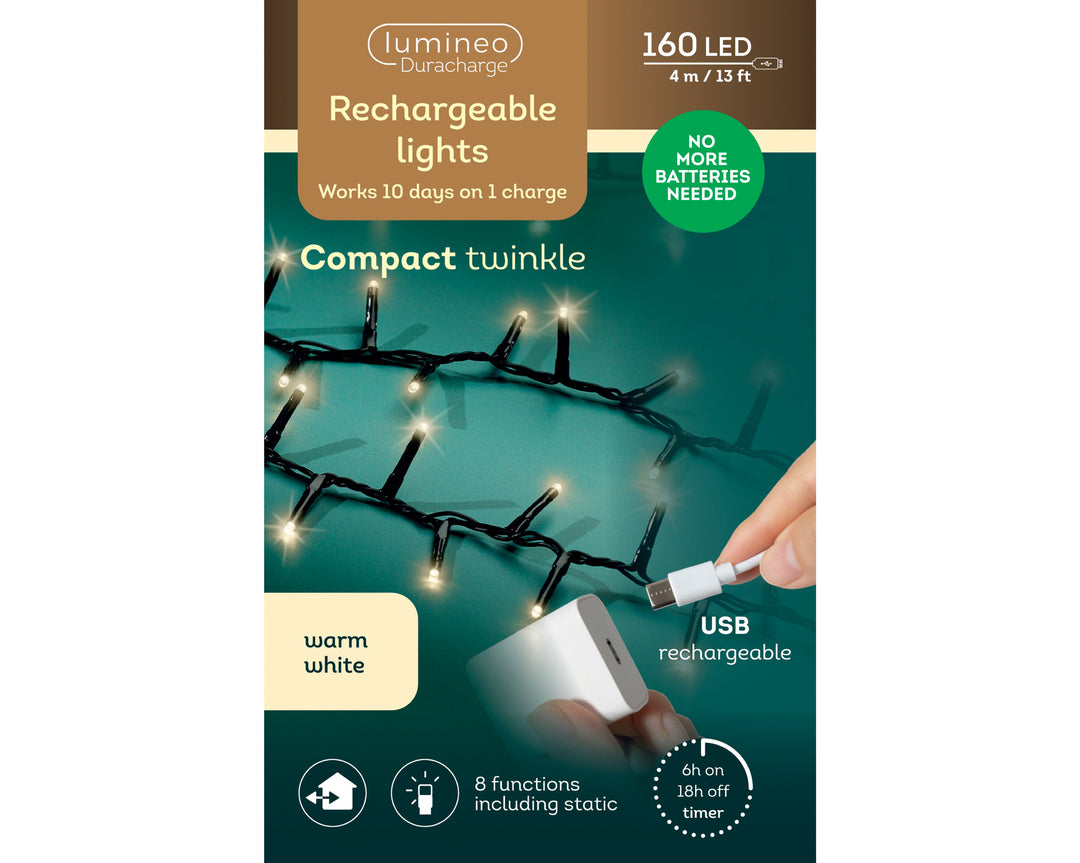 Rechargeable warm white LED DuraCharge compact Christmas lights, 4m string