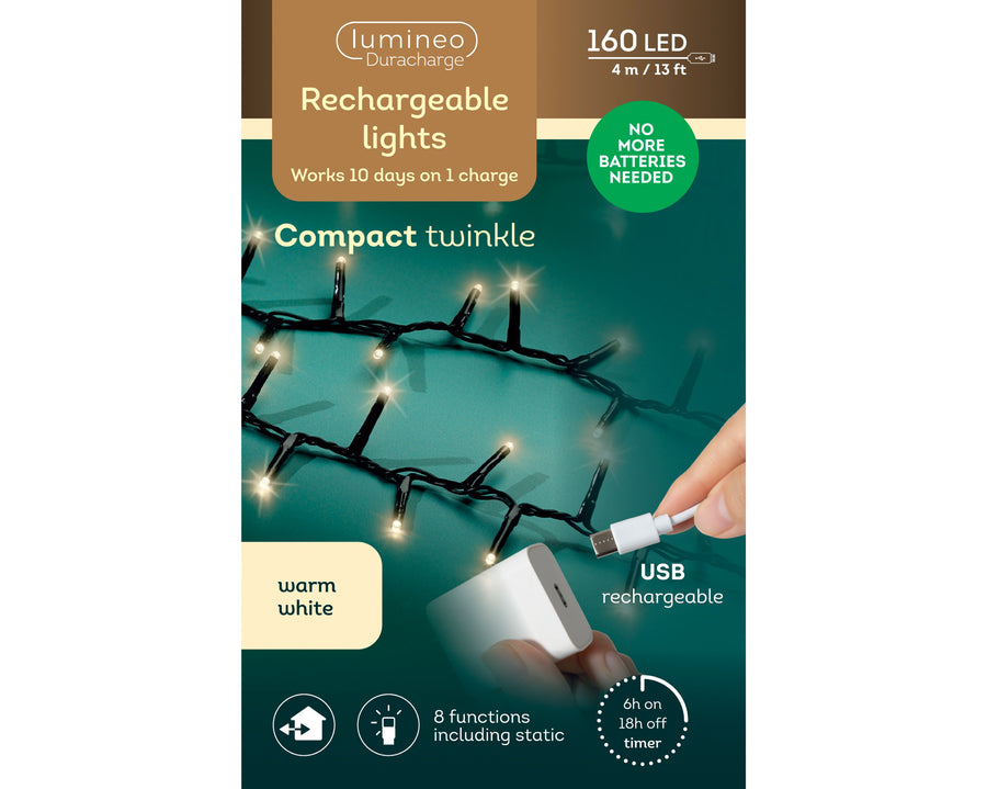 Rechargeable warm white LED DuraCharge compact Christmas lights, 4m string