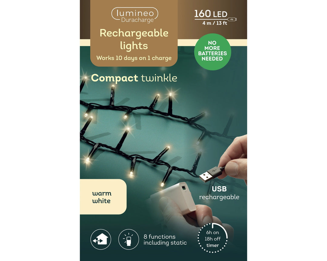 Led Duracharge Compact Lights 8 Function Twinkle Effect Bo Outdoor Black/Warm White L.400Cm - Christmas Lights - Windyridge Garden Centre