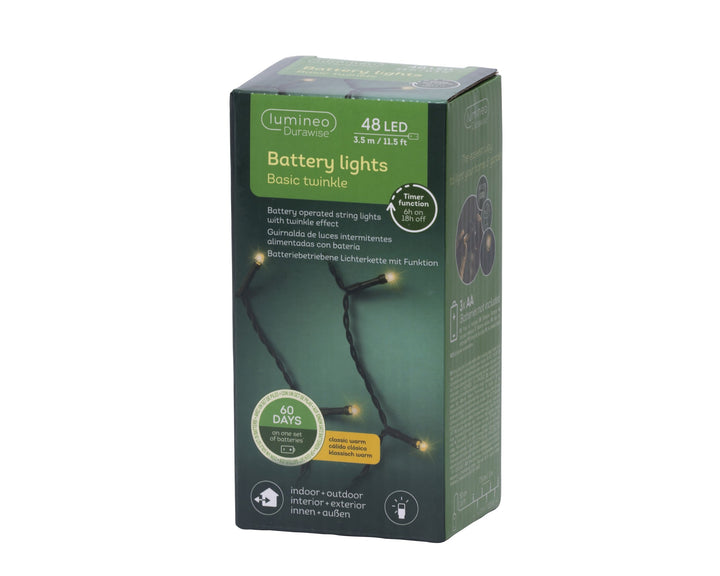 Classic warm white LED Durawise battery-operated Christmas lights, 3.5m string