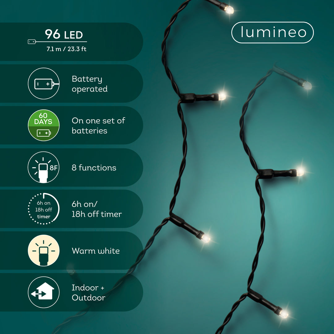 Warm white LED Durawise battery-operated Christmas lights, 7.1m string, alternate view