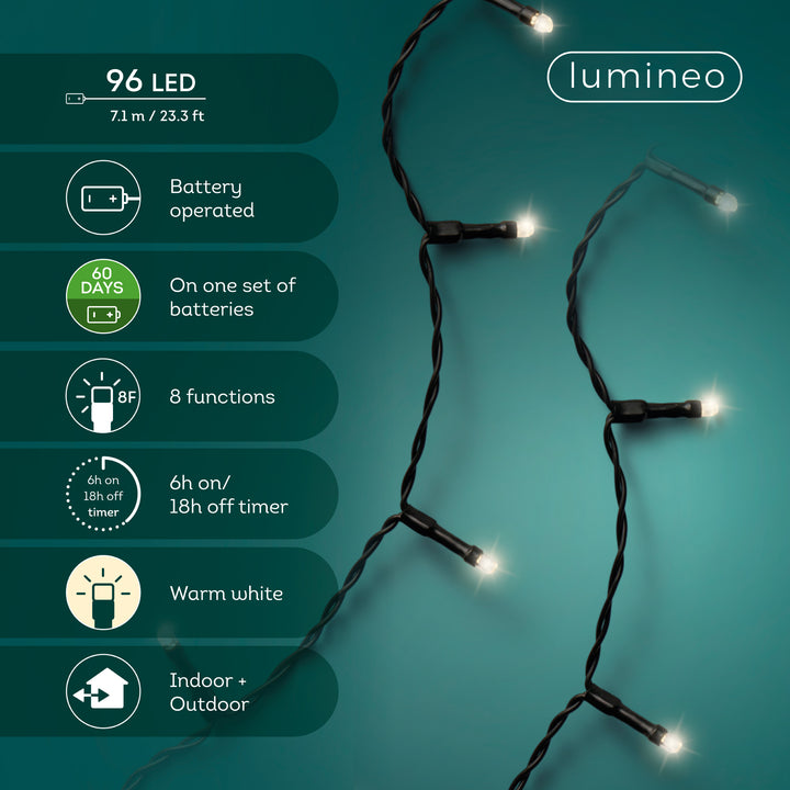 Warm white LED Durawise battery-operated Christmas lights, 7.1m string, alternate view