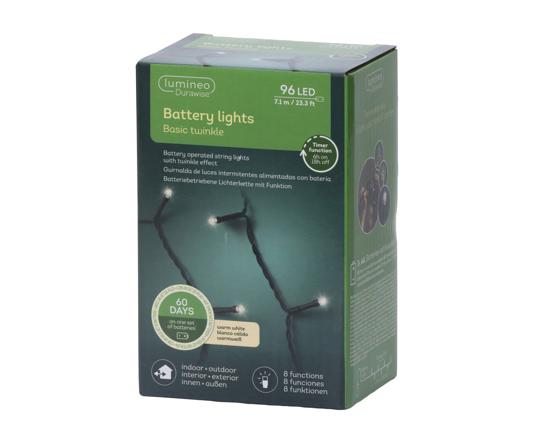 Warm white LED Durawise battery-operated Christmas lights, 7.1m string
