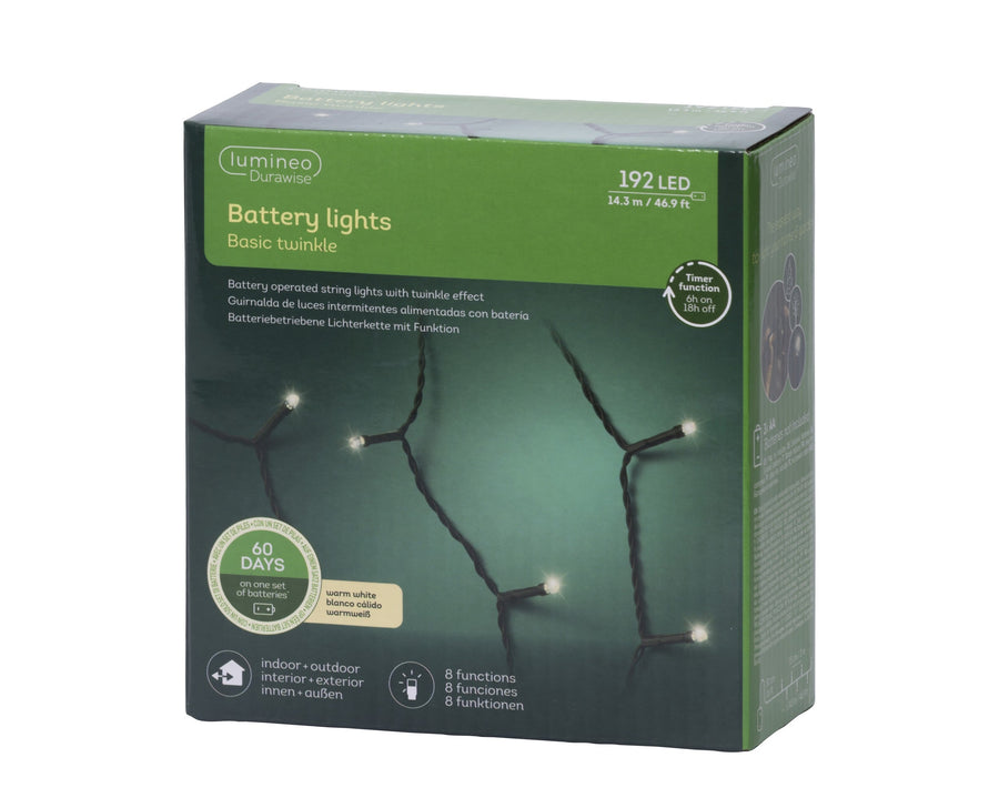Warm white LED Durawise battery-operated Christmas lights, 14.3m string
