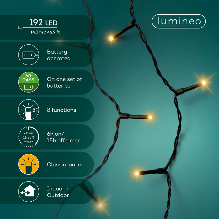 Classic warm white LED Durawise battery-operated Christmas lights, 14.3m string, alternate view