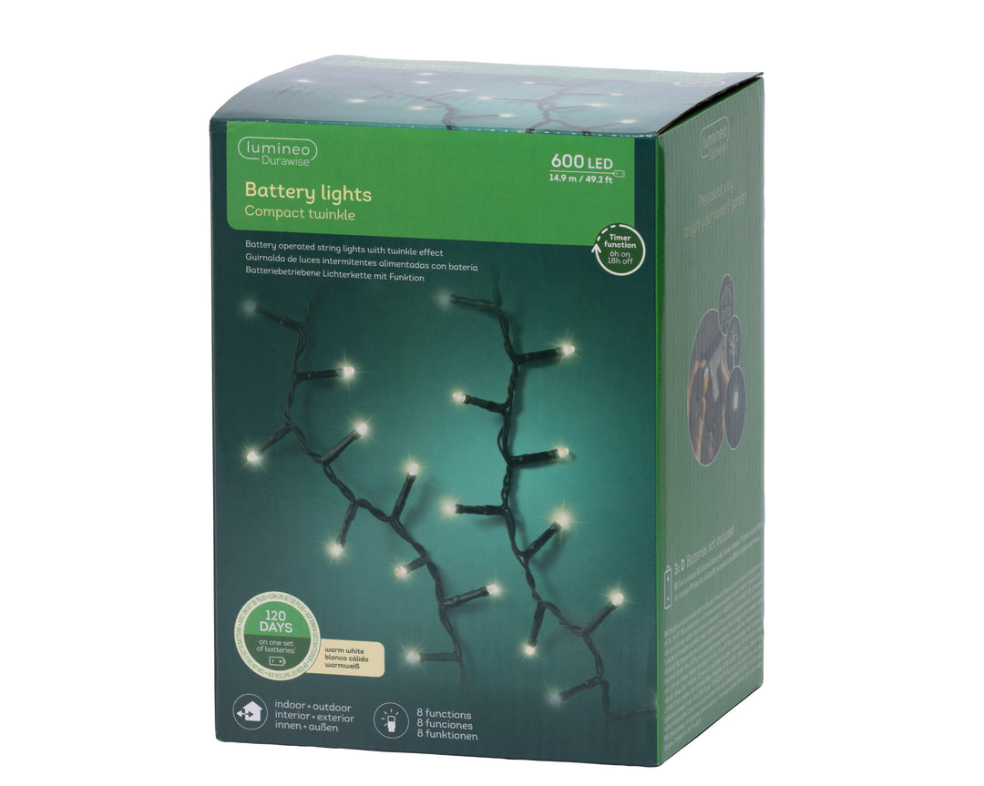 Warm white LED Durawise compact battery-operated Christmas lights, 15m string