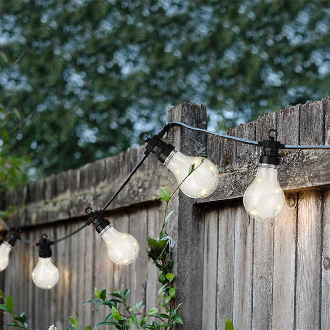 Outdoor micro LED party lights, steady warm white on black cable, 9.5m, alternate view