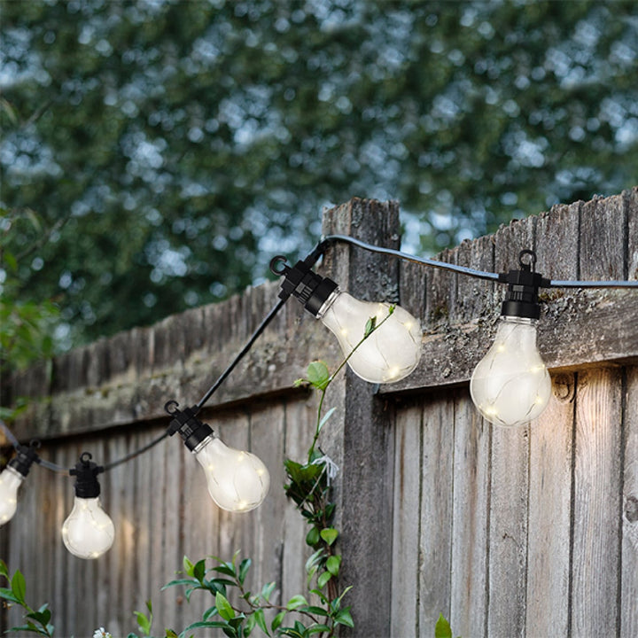 Outdoor micro LED party lights, steady warm white on black cable, 9.5m, alternate view