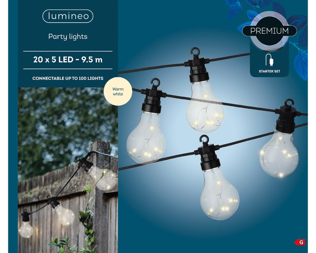 Outdoor micro LED party lights, steady warm white on black cable, 9.5m