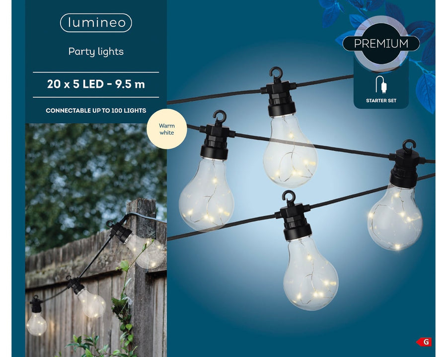 Outdoor micro LED party lights, steady warm white on black cable, 9.5m