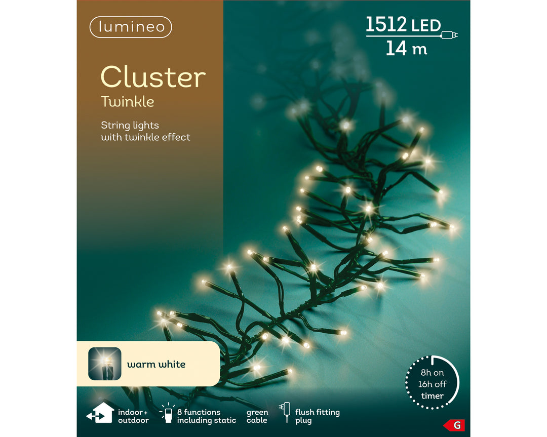 Warm white LED cluster Christmas tree lights, 14m plug-in string, alternate view