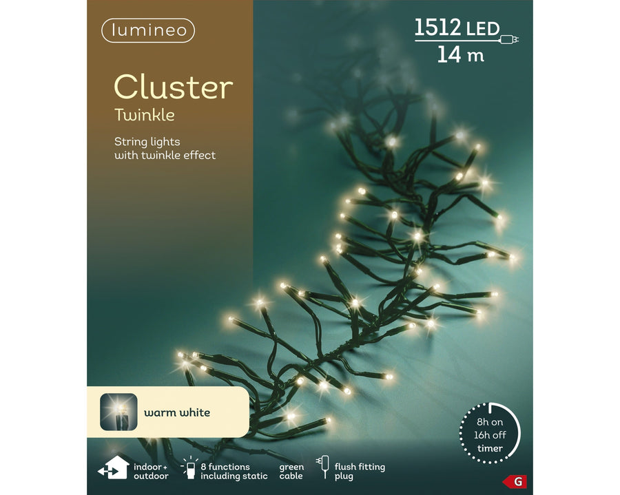 Warm white LED cluster Christmas tree lights, 14m plug-in string
