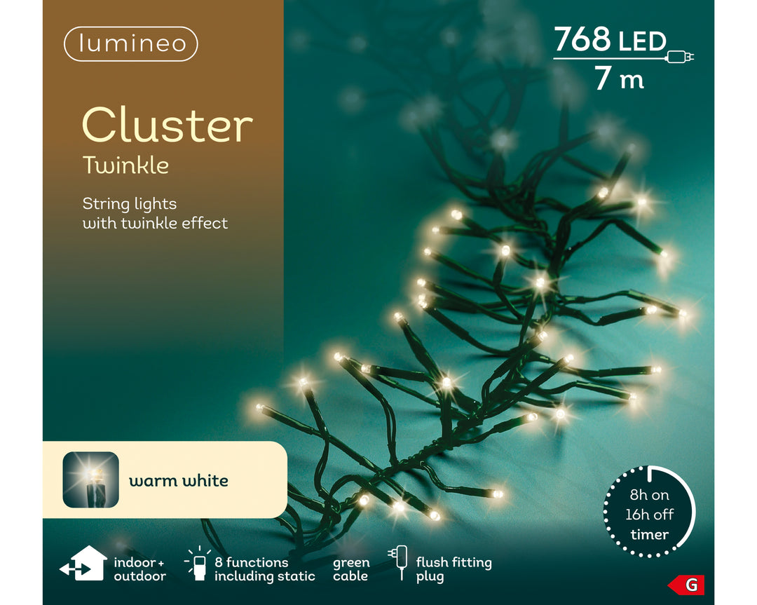 Warm white LED cluster Christmas tree lights, 7m plug-in string, alternate view