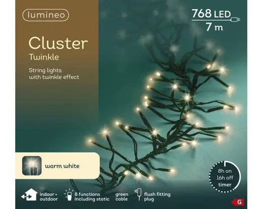 Lumineo Cluster Twinkle string lights packaging with green cable and warm white LEDs.