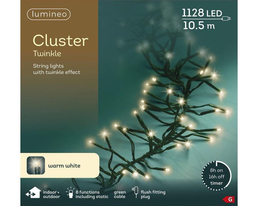 Warm white LED cluster Christmas tree lights, 10.5m plug-in string