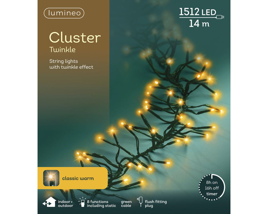 Classic warm white LED cluster Christmas tree lights, 13.5m plug-in string