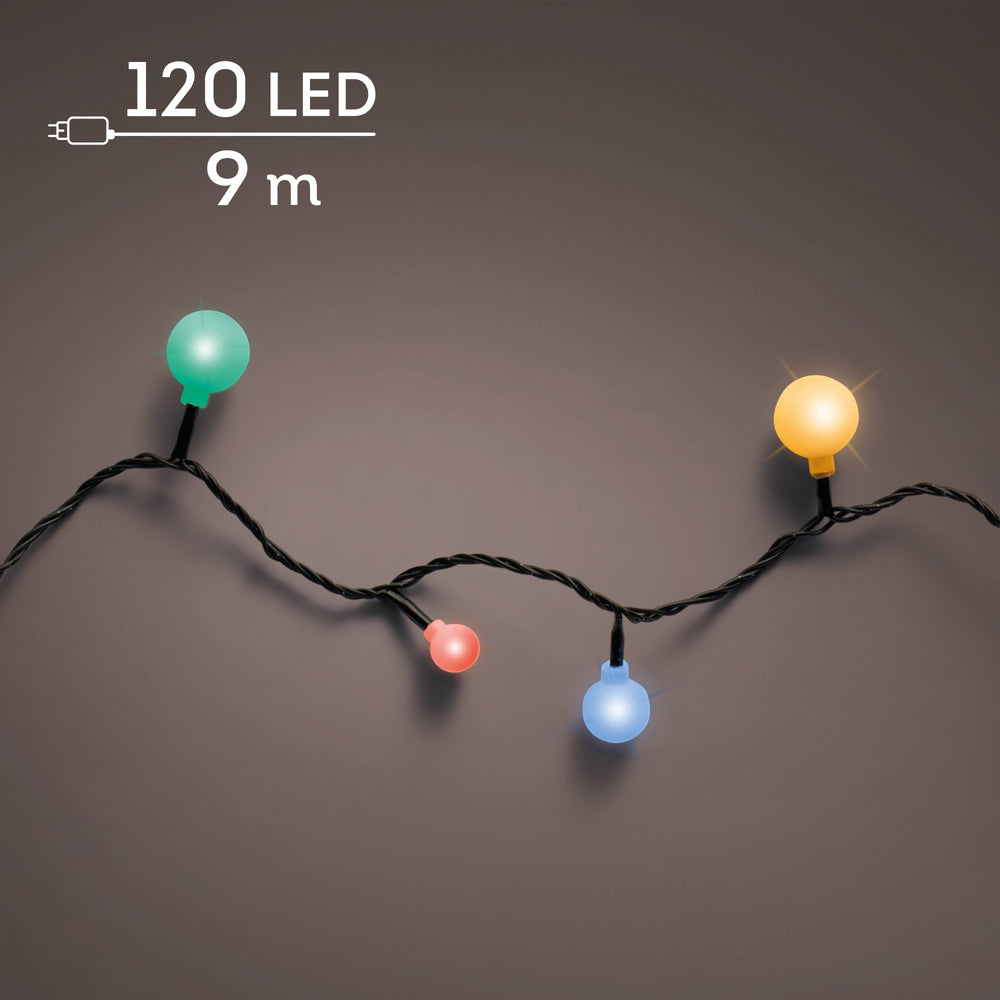 Multi-colour LED cherry Christmas lights on black cable, 9m plug-in string for outdoor use, alternate view