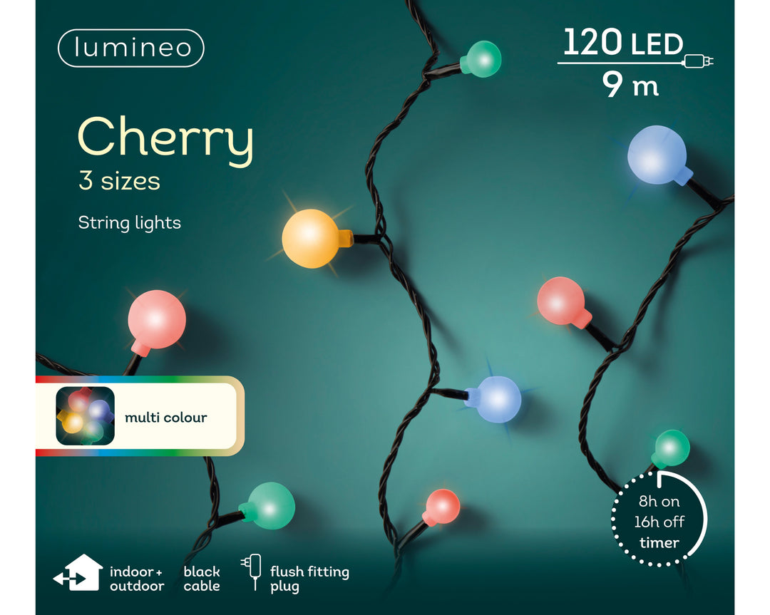Multi-colour LED cherry Christmas lights on black cable, 9m plug-in string for outdoor use