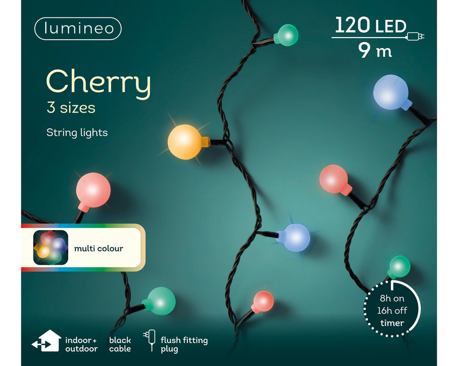 Multi-colour LED cherry Christmas lights on black cable, 9m plug-in string for outdoor use