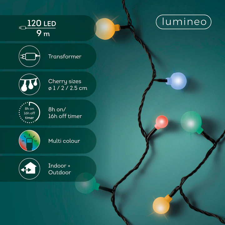 Multi-colour LED cherry Christmas lights on black cable, 9m plug-in string for outdoor use, alternate view