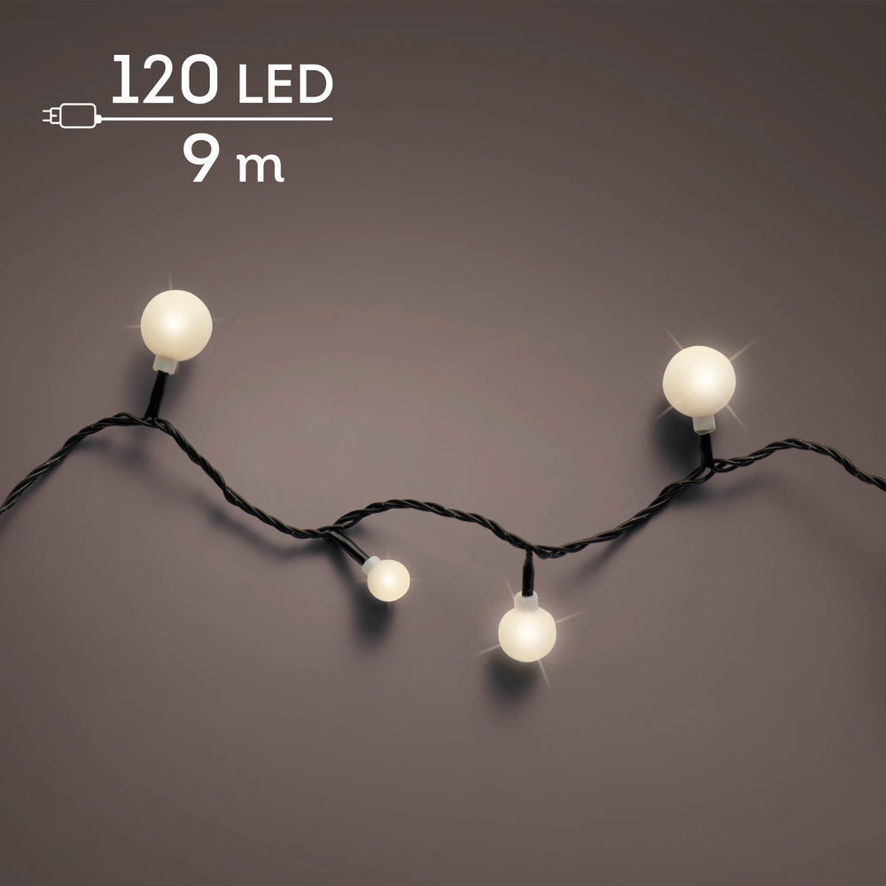 Warm white LED cherry Christmas lights, 9m steady plug-in string, alternate view