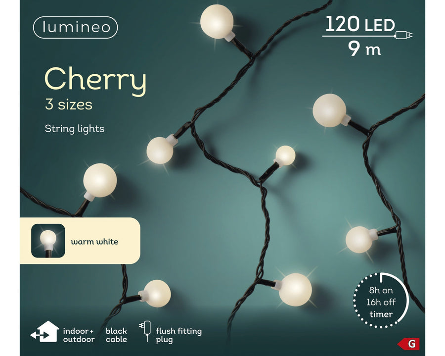 Warm white LED cherry Christmas lights, 9m steady plug-in string