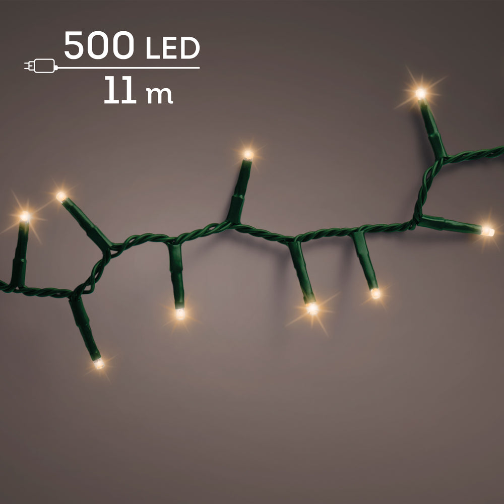Classic warm white LED compact outdoor Christmas lights on green cable, 11m plug-in with 8 twinkle functions, alternate view
