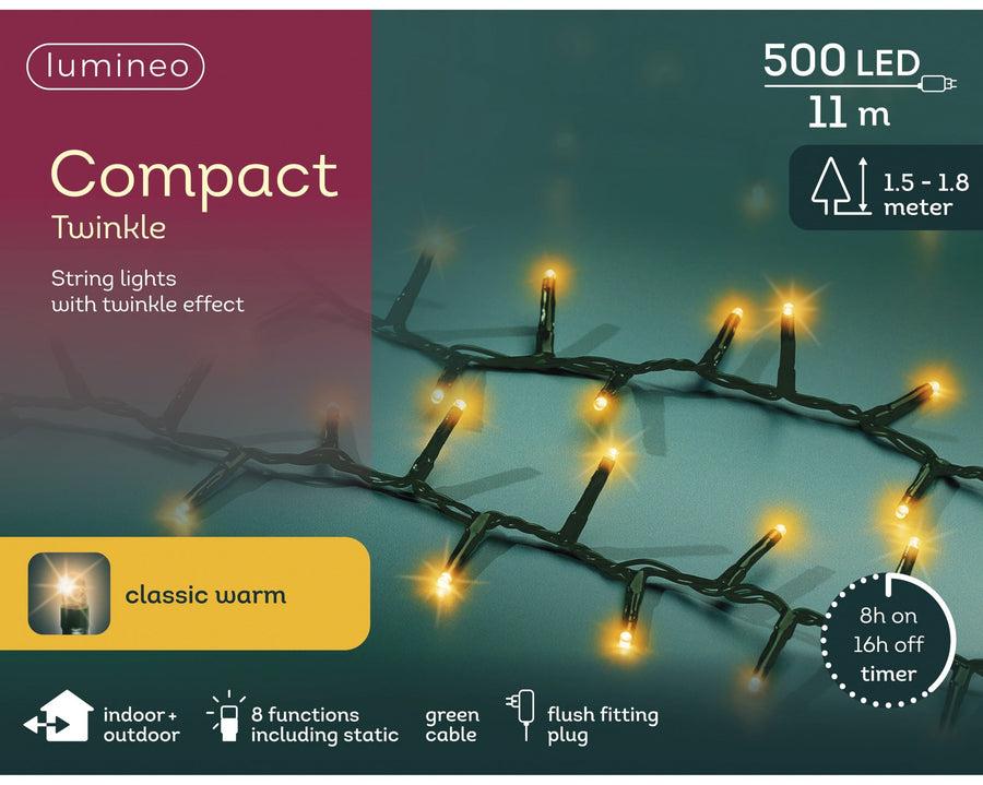 Classic warm white LED compact outdoor Christmas lights on green cable, 11m plug-in with 8 twinkle functions