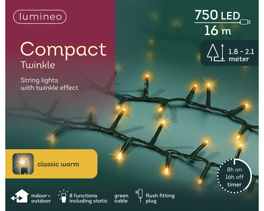 Classic warm white LED compact Christmas tree lights, 16m plug-in string