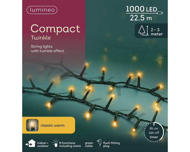 Classic warm white LED compact Christmas tree lights, 22.5m plug-in string
