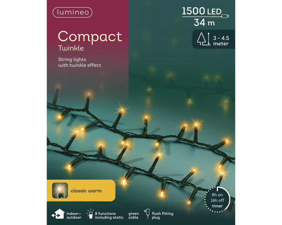 Classic warm white LED compact Christmas tree lights, 34m plug-in string
