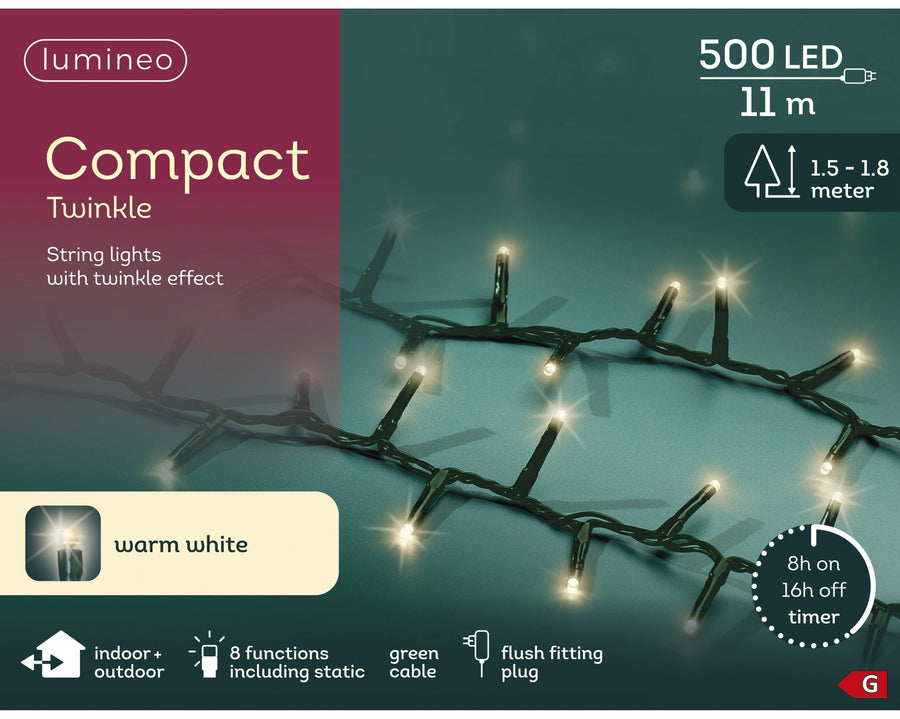 Warm white LED compact Christmas tree lights, 11m plug-in string