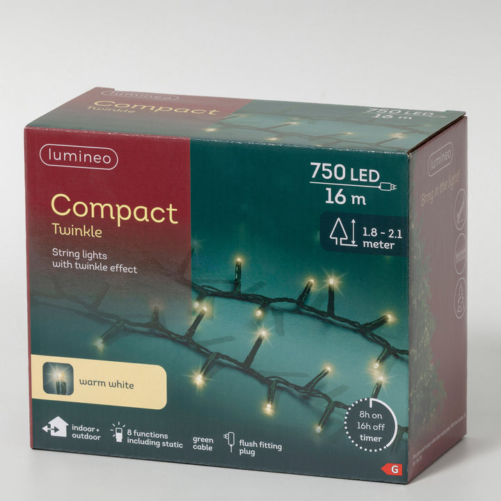Warm white LED compact Christmas tree lights, 16m plug-in string, alternate view