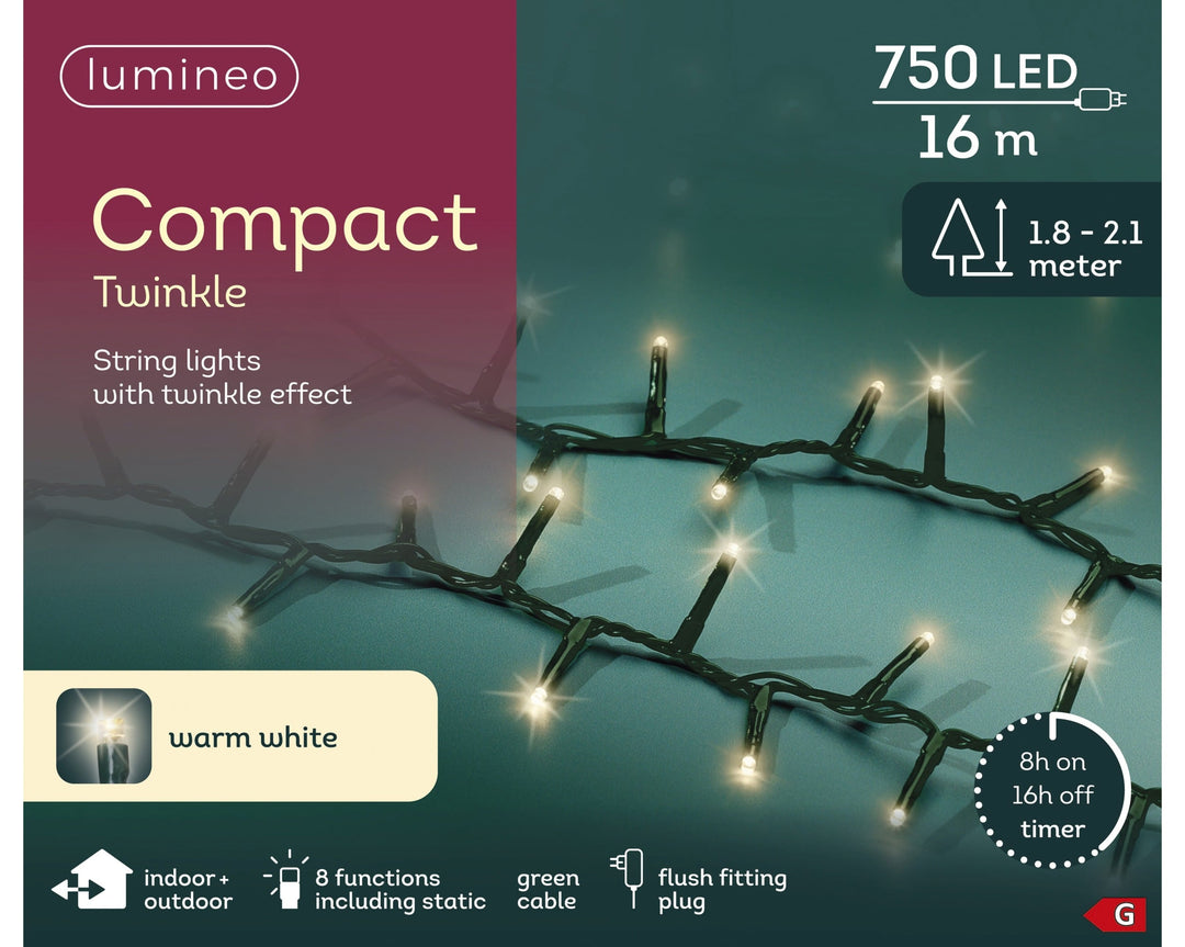 Warm white LED compact Christmas tree lights, 16m plug-in string
