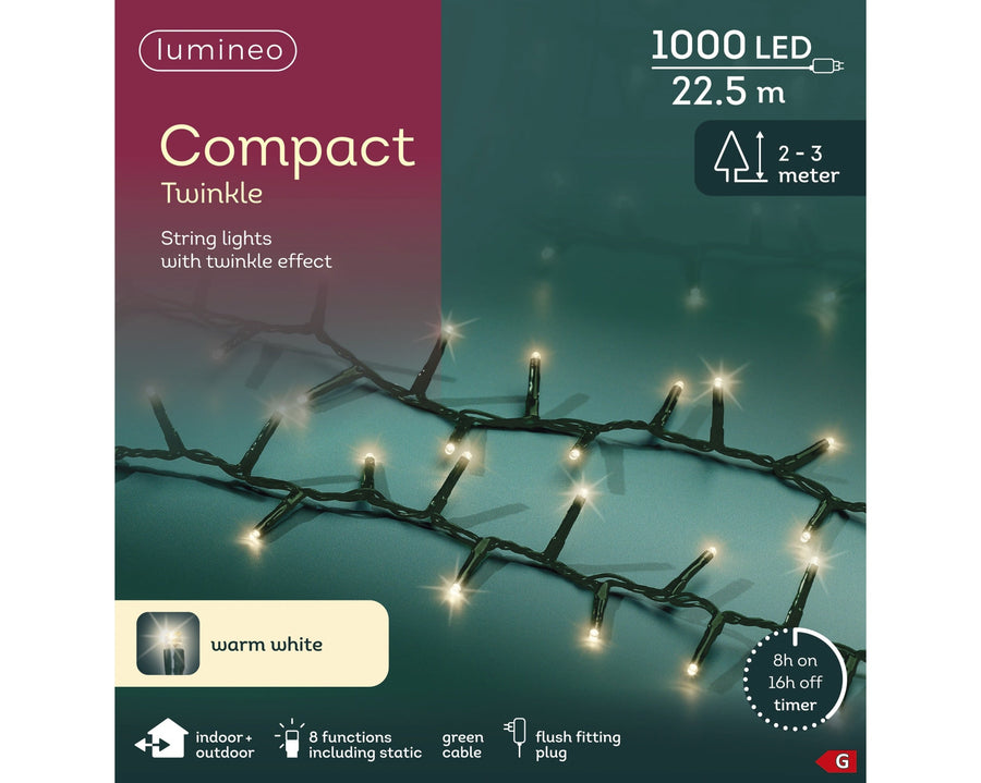 Warm white LED compact Christmas tree lights, 22.5m plug-in string