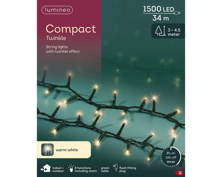 Warm white LED compact Christmas tree lights, 34m plug-in string