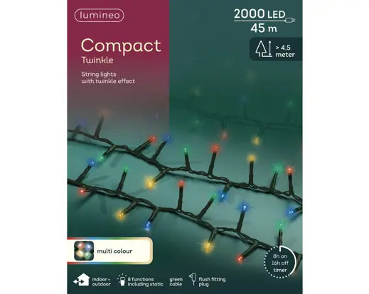 Lumieo Compact Twinkle string lights packaging with green background